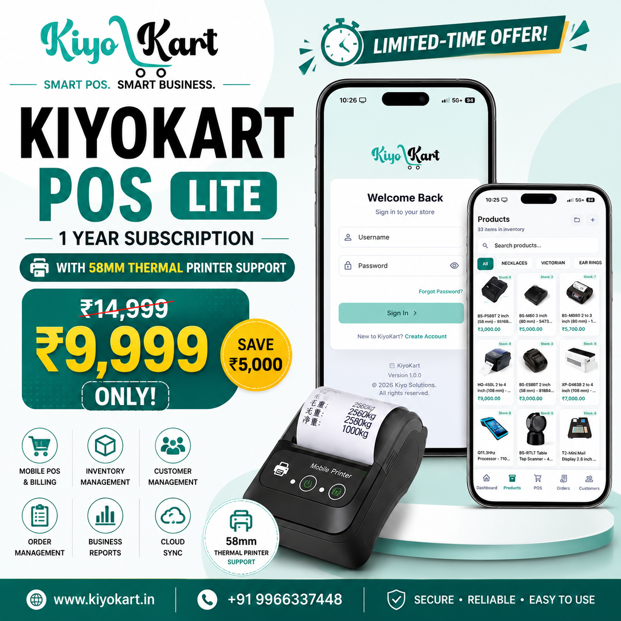 KiyoKart POS Lite – 1 Year Subscription with 58mm Thermal Printer